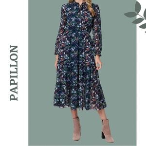 Papillon Women's Floral Blue Dress Full skirt Long Sleeve Size Extra Small